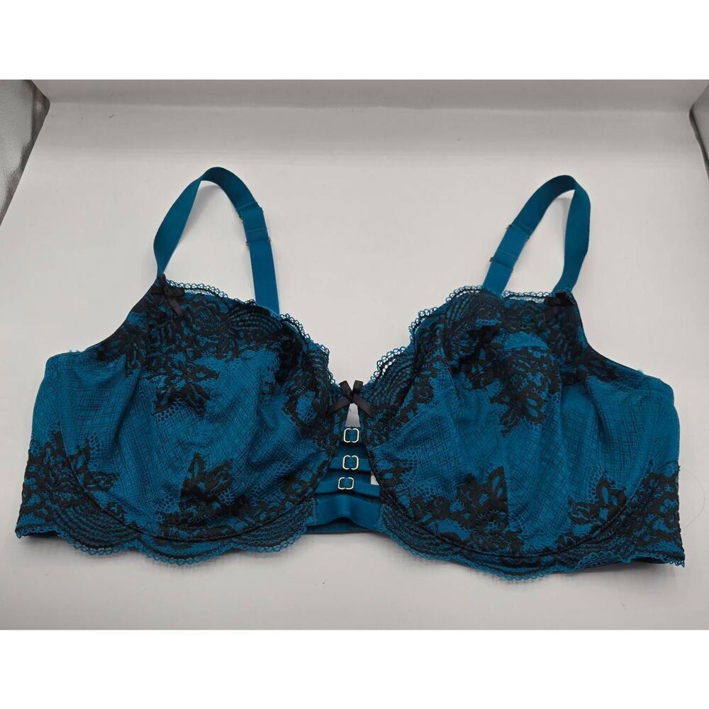 Cacique Unlined Curvy Balconette Bra Size 42DDD Blue Black Lace
